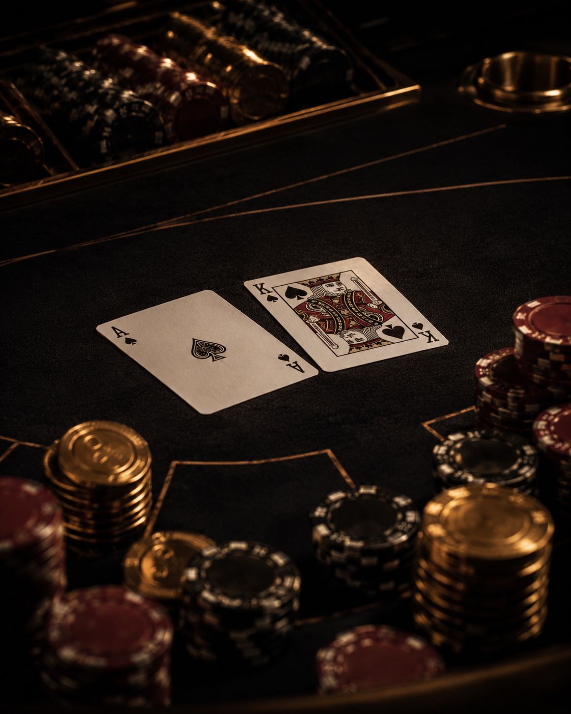 Blackjack-bord med kort og sjetonger