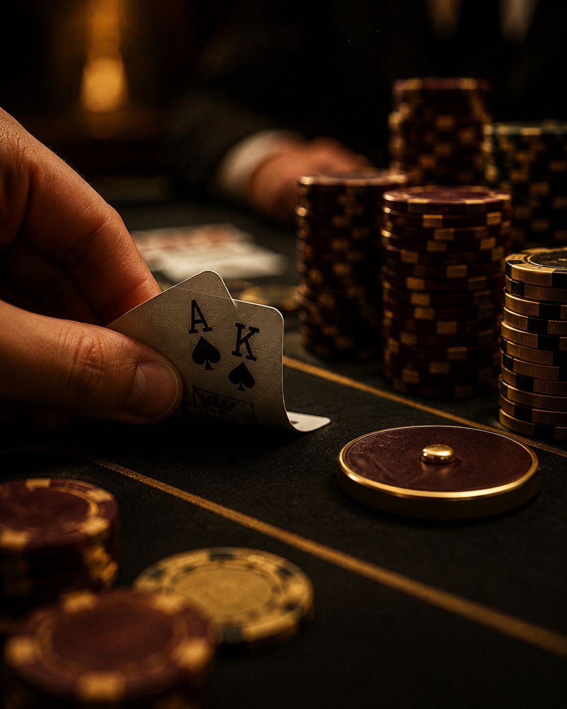 Pokerbord med kort i hånd og sjetongstabler